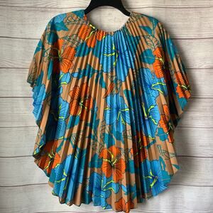 Vintage Sand Pebble of Hawaii Blue Orange Tropical Floral Accordion Poncho Top